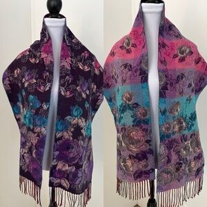 CASHMINK Reversible Floral Winter Scarf Fringe Roses Cozy Soft Made Germany